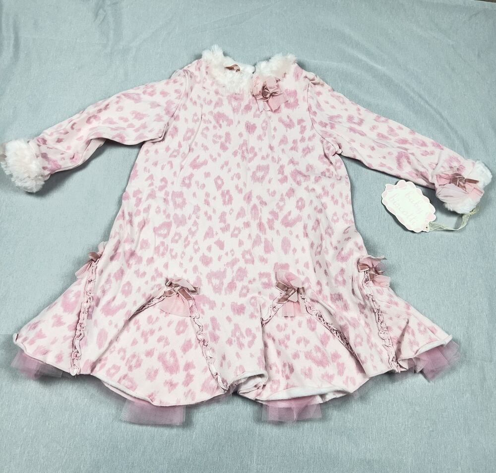 Vintage NWT Baby Biscotti Girls Pink Leopard Faux Fur Dress 4 4T Boutique Y2K